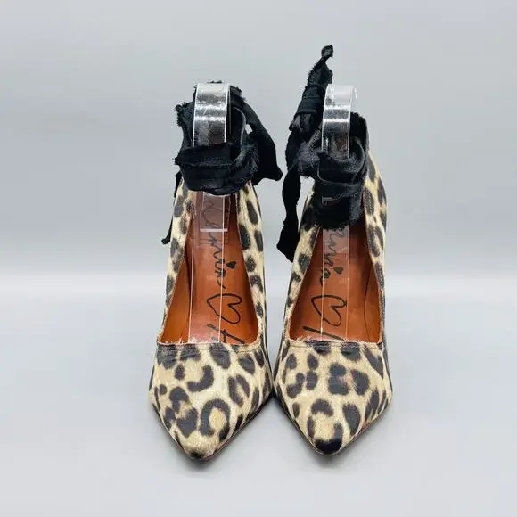 Lanvin x H&M Shoes Womens 6 Brown Pumps Leopard Ankle Wrap Rhinestone Heel - Picture 3 of 10